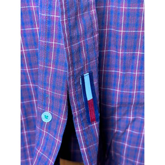Tommy Hilfiger Holiday Tartan Button Down Mens Size 16 34-35 Red Blue Plaid - Picture 3 of 8